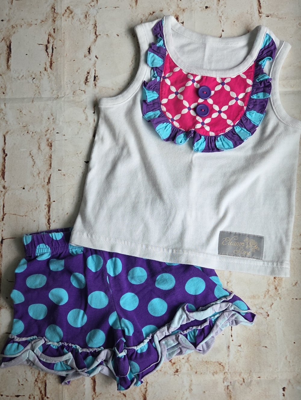 Eleanor Rose White Tank Top with Purple & Turquoise Polka Dot Shorts